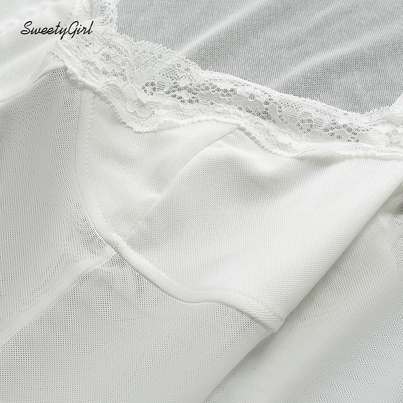 Áo croptop tay dài cổ chữ V màu trơn phối ren lưới xuyên thấu thời trang dành cho nữ