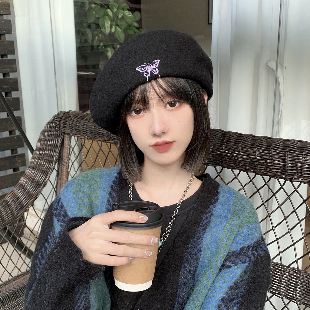 Mũ nồi MG STUDIO vải len thêu họa tiết bướm thời trang