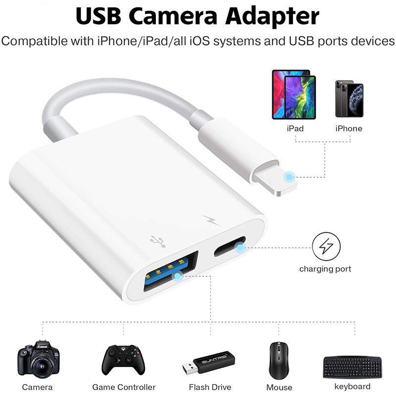 Cáp otg iPhone,Cáp otg Lightning, iPad kết nối với chuột, bàn phím và máy ảnh ( Lightning to USB )