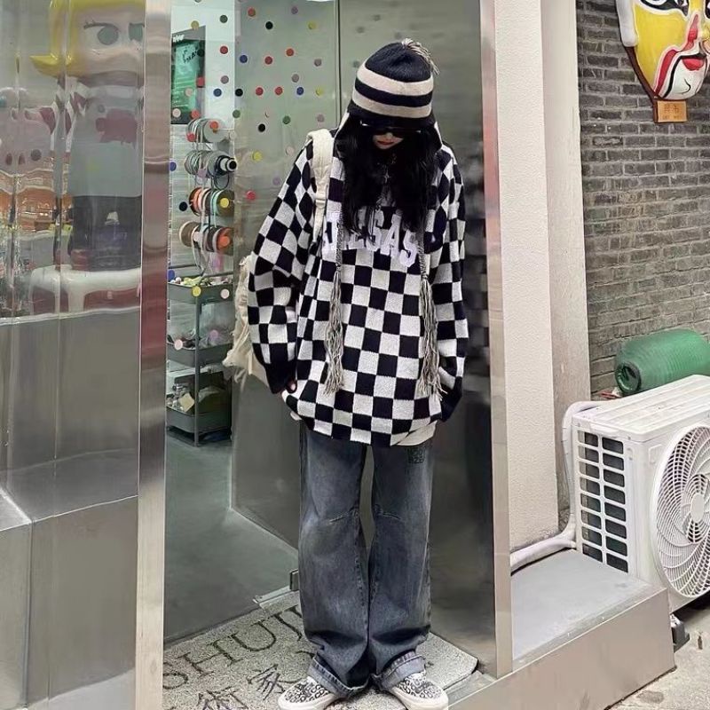 Áo len nữ ulzzang họa tiết kẻ caro bàn cờ hot trend kiểu Hàn Quốc có size hot Douyin Tik Tok