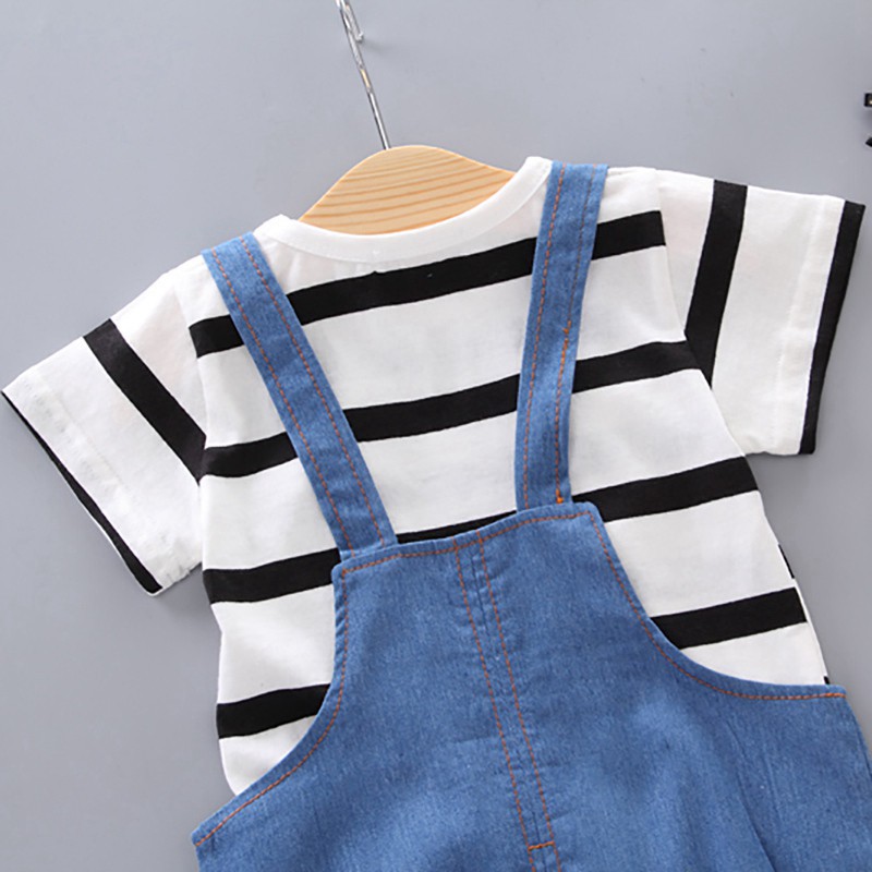 Set quần yếm + áo thun ngắn tay họa tiết sọc ngang thời trang cho bé trai