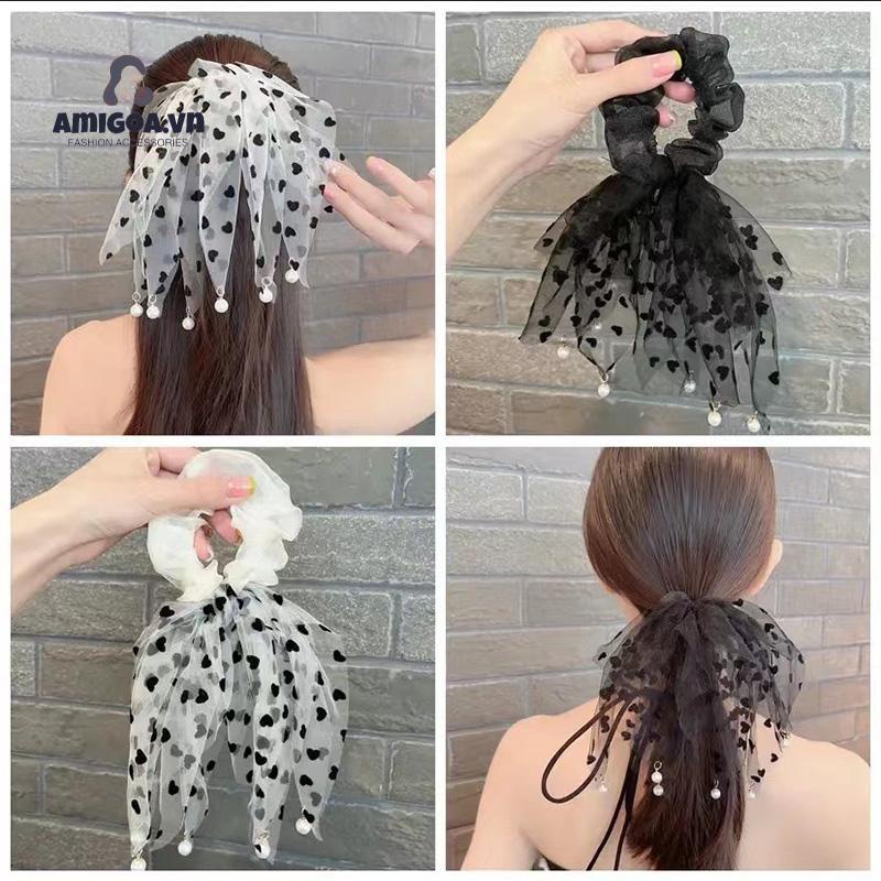 ✨✨Dây Cột Tóc Vải Lưới Họa Tiết Chấm Bi Phối Tua Rua Và Ngọc Trai Xinh Xắn