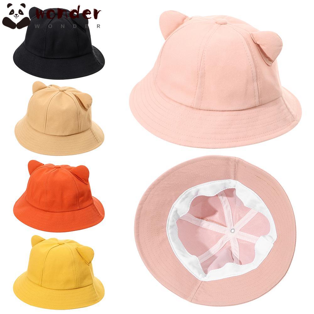 Mũ Tai Bèo Che Nắng Bằng Vải Cotton Màu Trơn Họa Tiết Tai Mèo Dễ Thương Dành Cho Bé Gái