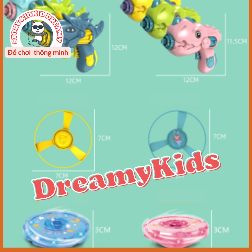 Đồ chơi máy bắn chong chóng, sung bắn con quay khủng long phát sáng chơi cực dễ, mua là mê.