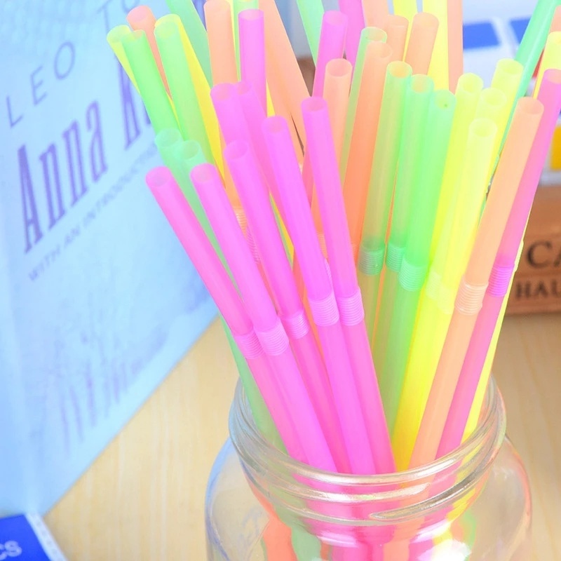Set 100 Ống Hút Nhựa Sử Dụng Một Lần Họa Tiết Kẻ Sọc Màu Dạ Quang Có Thể Uốn Cong Cho Tiệc Cưới/Quán Bar