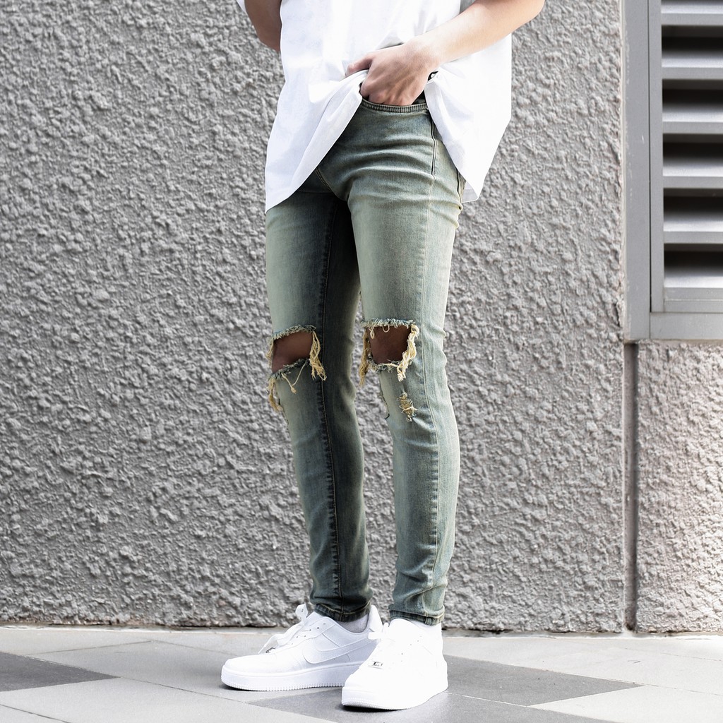 Quần Jeans Skinny Xanh Bạc Rách To Ngang Gối