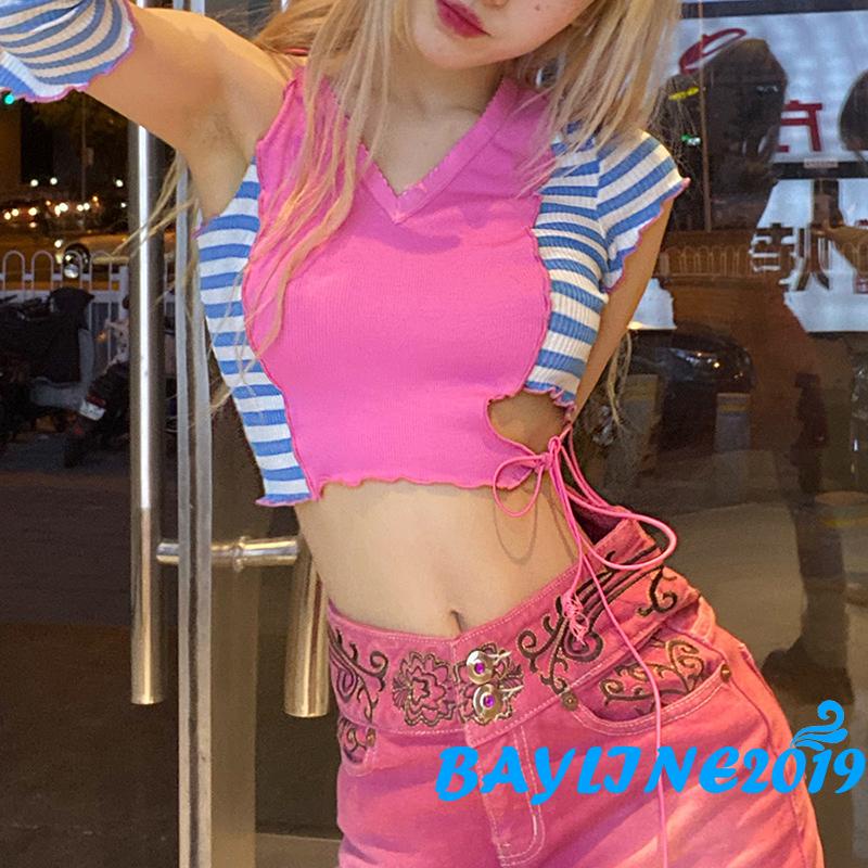Áo Croptop Dệt Kim Tay Ngắn Cổ Chữ V Màu Sắc Thời Trang Cho Nữ