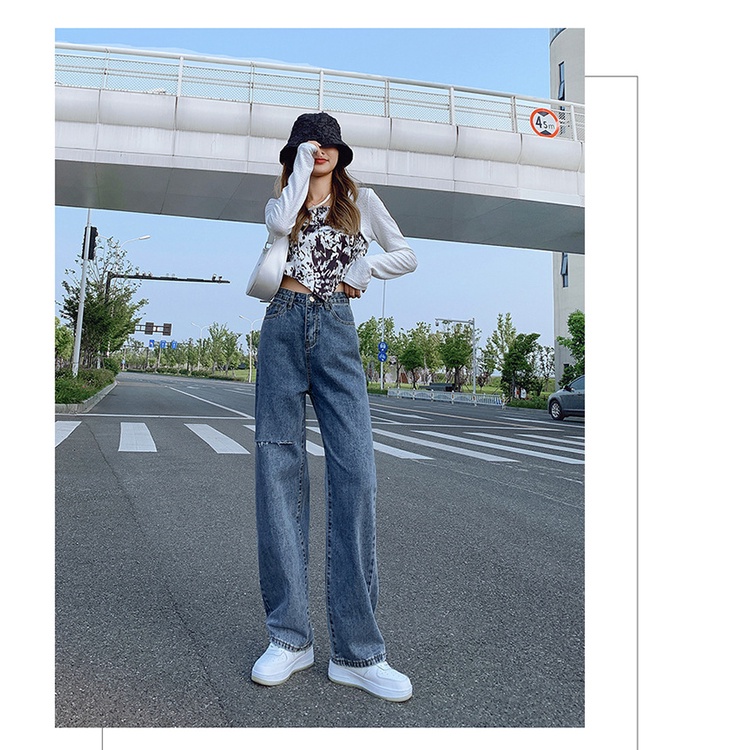 Quần dài jean bigsize ống suông lưng cao Ulzzang rách một gối QJ002