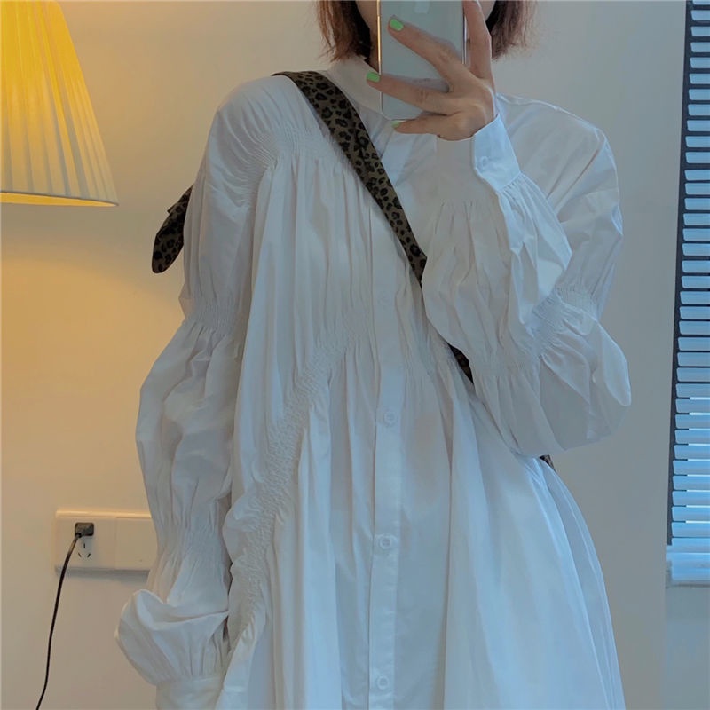 Váy kiểu sơ mi dáng xoè phối kiểu xếp ly thời trang trẻ trung