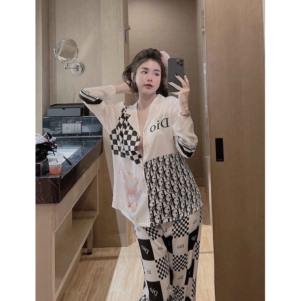 Pijama lụa cao cấp hoạ tiết caro gấu