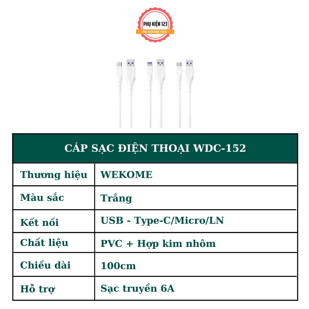 Cáp sạc nhanh 6A Wekome  WDC-152 cổng micro usb, type-c,i dây cao su chống đứt gãy 1m