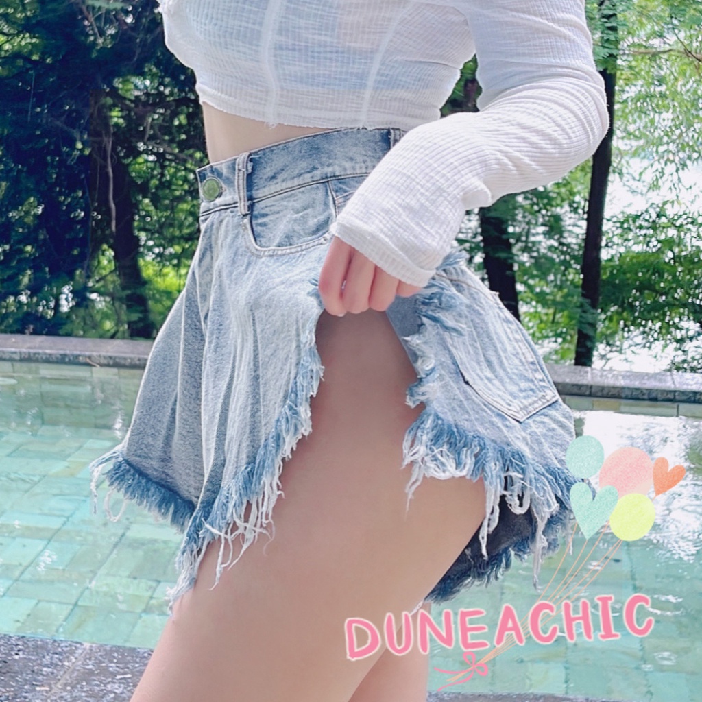 Quần Short Denim Lưng Cao Ống Rộng Thiết Kế Xẻ Rách Cá Tính