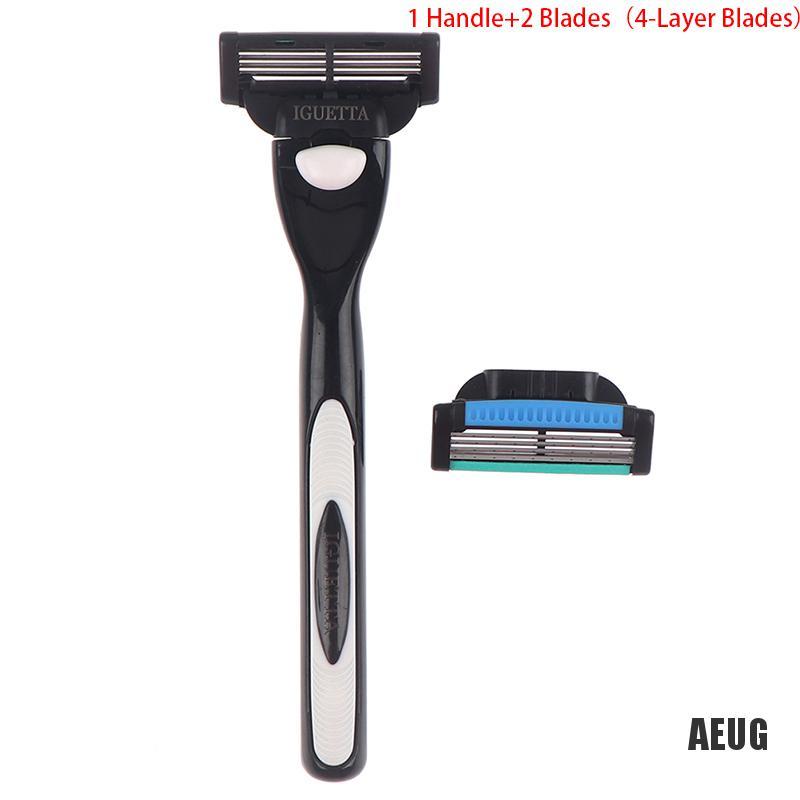 [AIU]  1 Shaver Handle+2 4-Layer Blades Men Safety Hand Beard Razor Blade Shaving