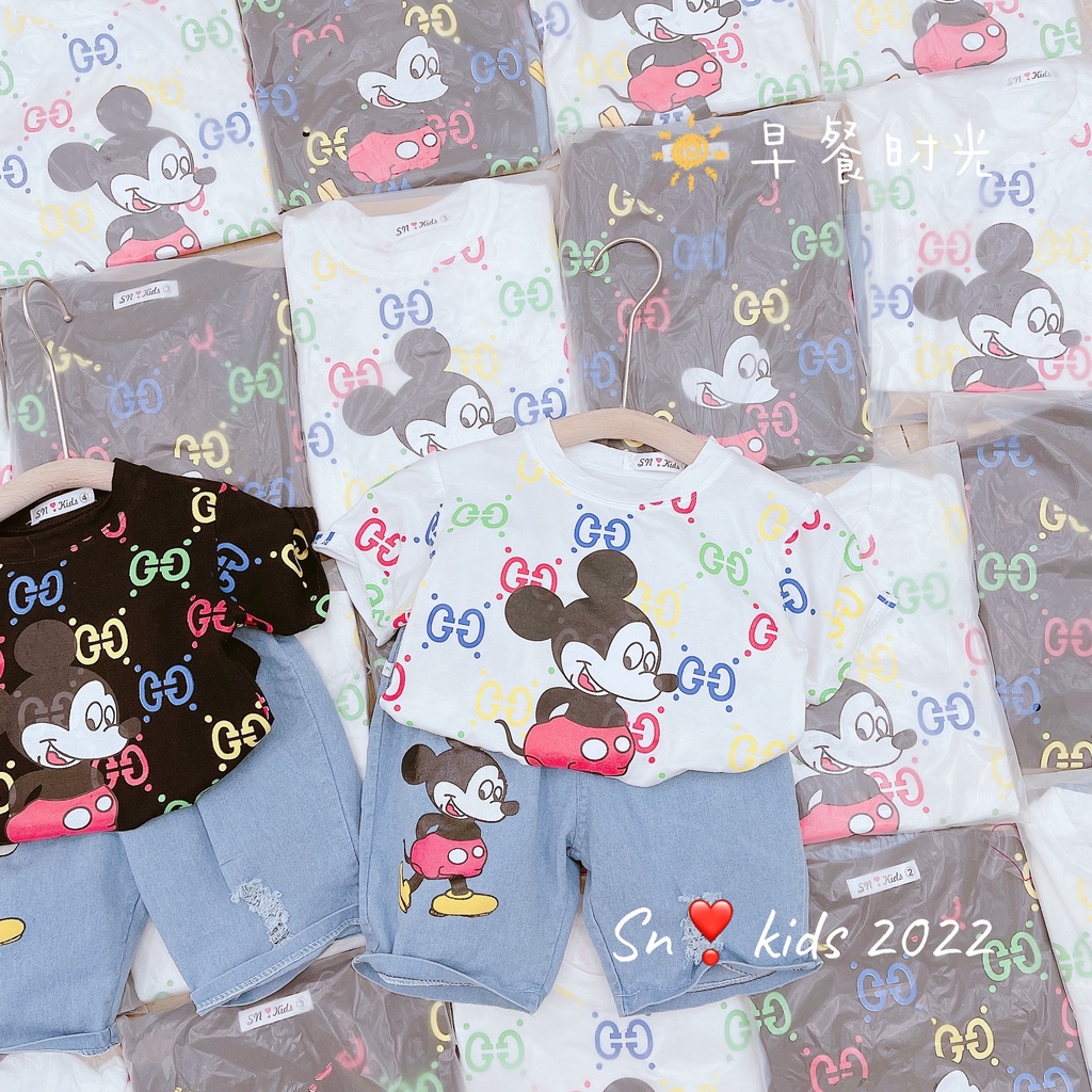 Bộ cộc tay bé trai, bộ áo cotton hình mickey kèm short jean xịn xò cho bé