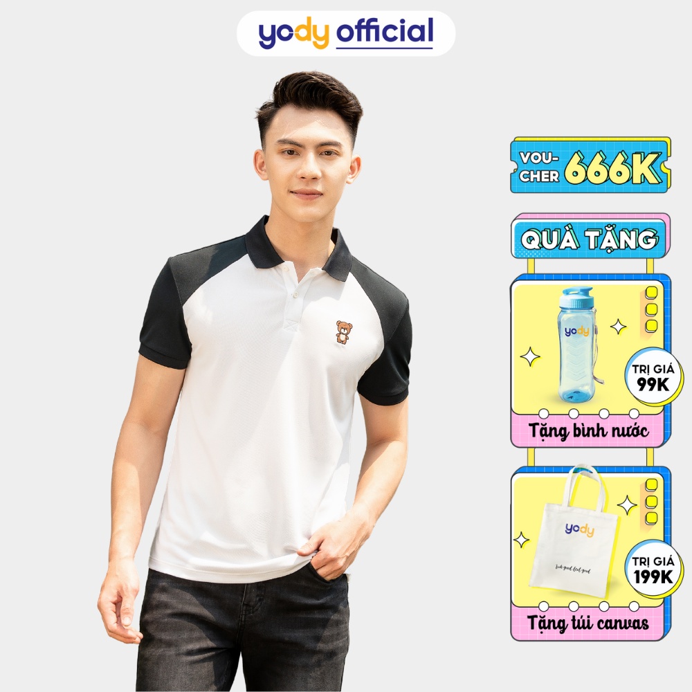 Áo Polo Nam YODY vải cotton cafe in hình gấu APM5281