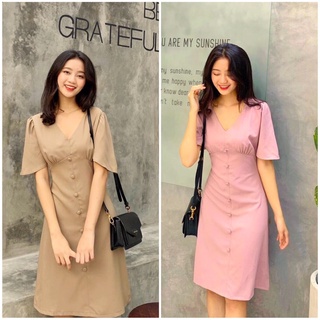 Đầm cổ v nút bọc chiết eo đi làm đi dạo