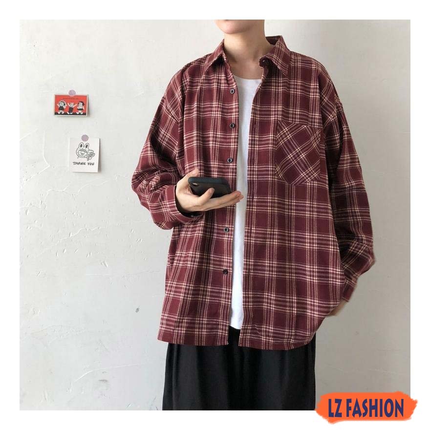 Áo sơ mi phối caro, túi ngực trái kiểu dáng unisex hàn quốc - LZ FASHION - TTB013