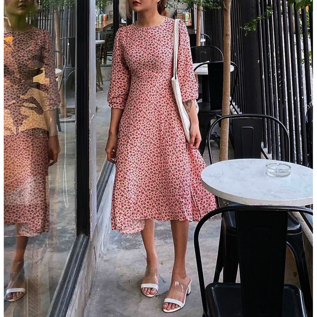 Đầm hoa nhí cổ tròn tay dài màu đen , Váy thiết kế thời trang nữ công sở dự tiệc dạ hội event sự kiện | BigBuy360 - bigbuy360.vn