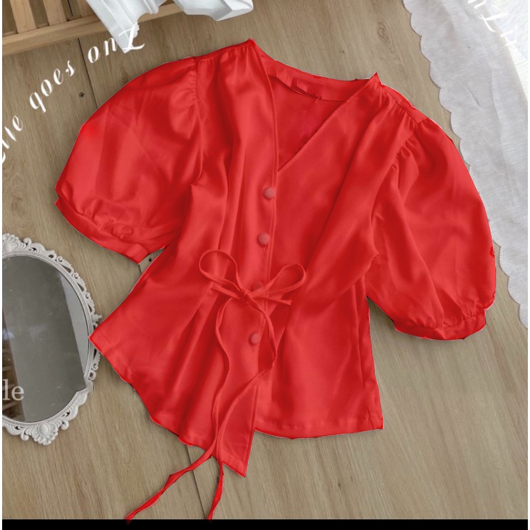 Áo Cổ V Thắt Eo Màu TRơn Mẫu Mới Phong cách Hàn Quốc Mùa Hè