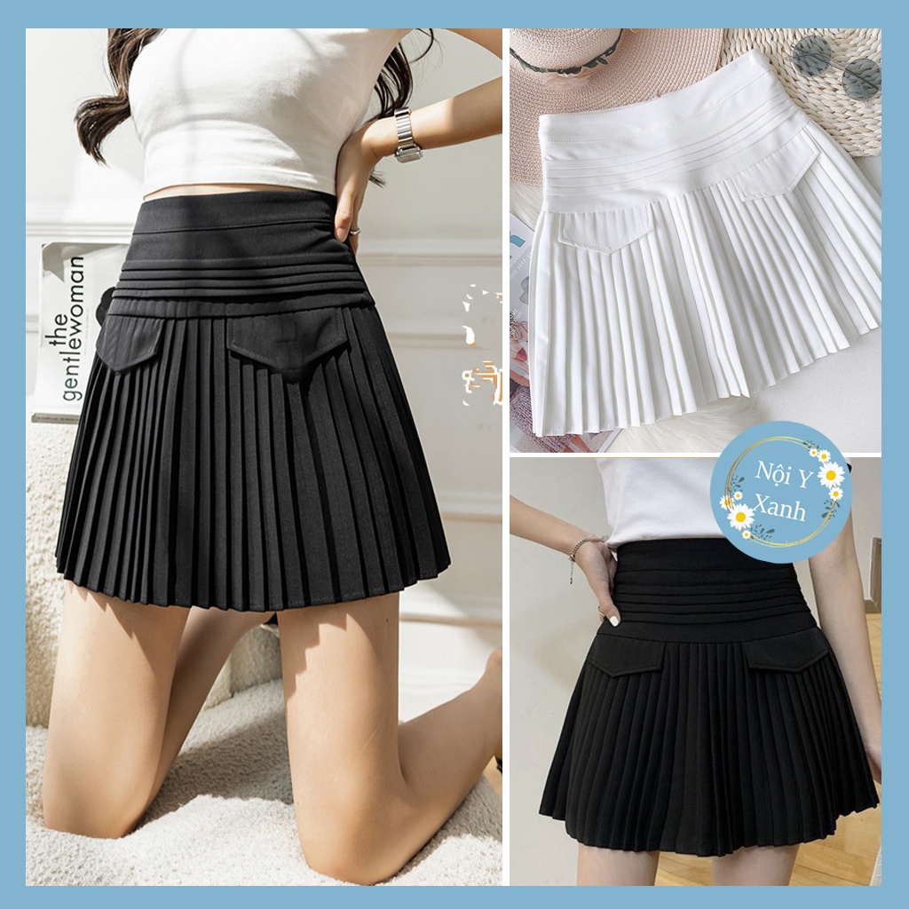 Chân váy ngắn xếp ly chơi goft thời trang giả túi đẹp thời trang màu đen chất siêu mát, co dãn, mầu đen trắng