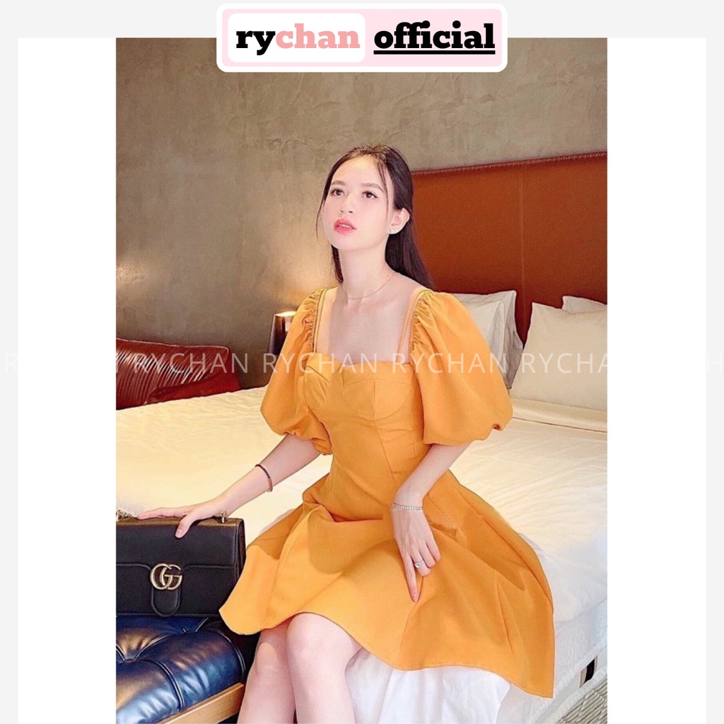 Đầm Nữ Dự Tiệc Form Ngắn Cổ Vuông Tay Phồng Chun Phối Dây Chiết Eo Màu Vàng [ẢNH THẬT CUỐI] - DX9843