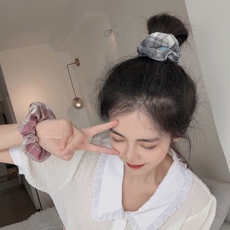 Dây buộc tóc scrunchies họa tiết caro, đồ cột tóc vải cho nữ cute phong cách Hàn Quốc