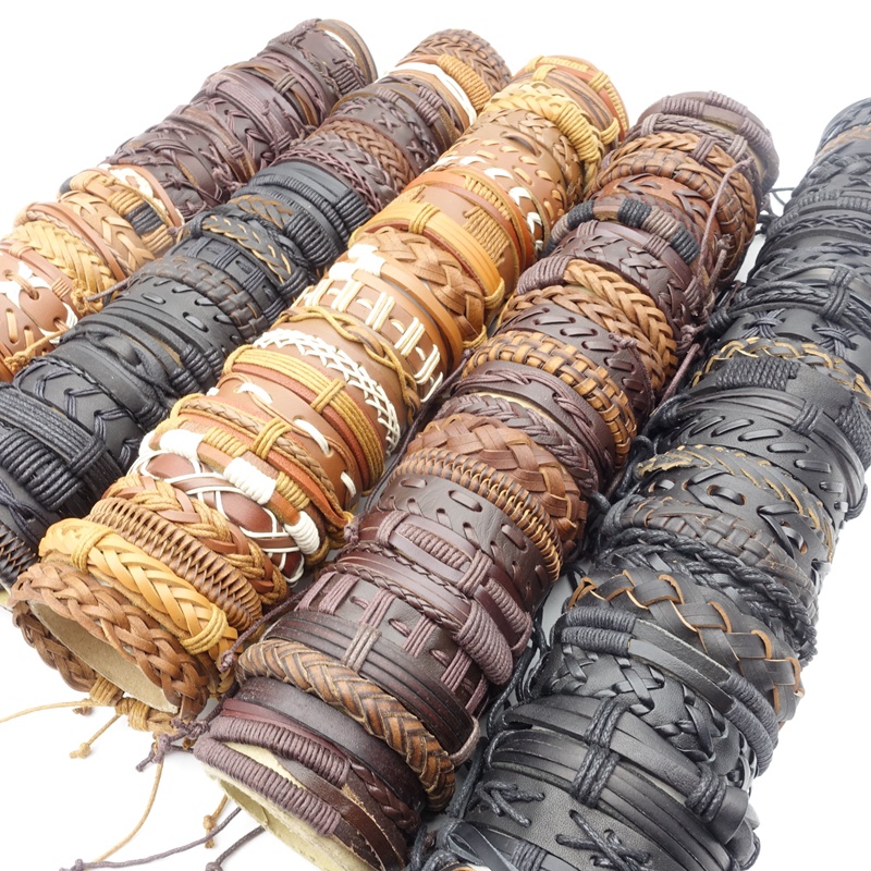 Set 10 Vòng Tay Handmade Bằng Da Màu Đen / Nâu Thời Trang Cho Nam Và Nữ