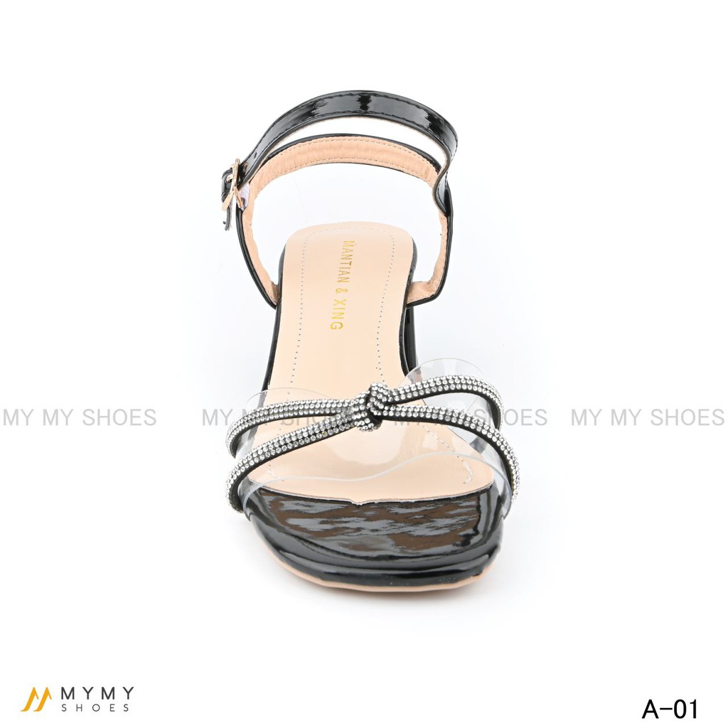 Sandal quai trong pha dây đá thắt gót vuông 5p mymy shoes A-01