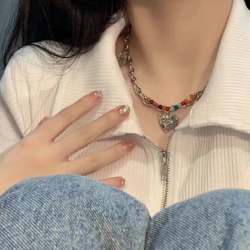 Vòng cổ IF YOU mặt trái tim đính hạt nhiều màu sắc phong cách cổ điển Hàn Quốc cho nữ