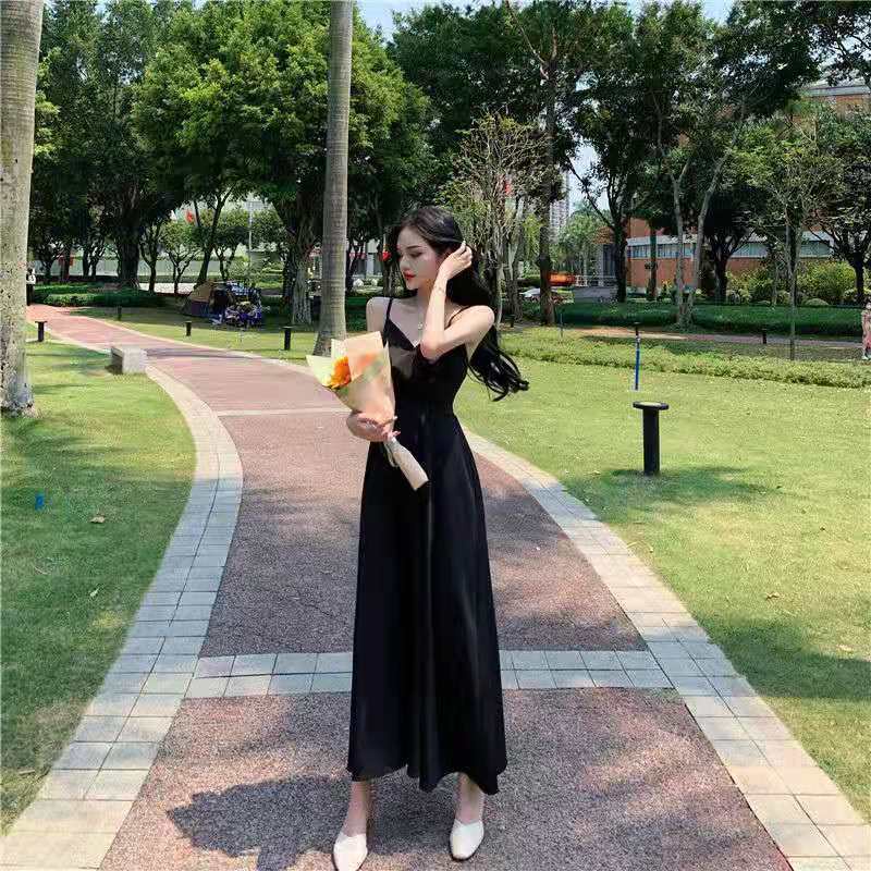 Đầm Hai Dây Dáng Chữ A Eo Cao Màu Đen Thời Trang Mùa Hè Phong Cách Pháp Cho Nữ