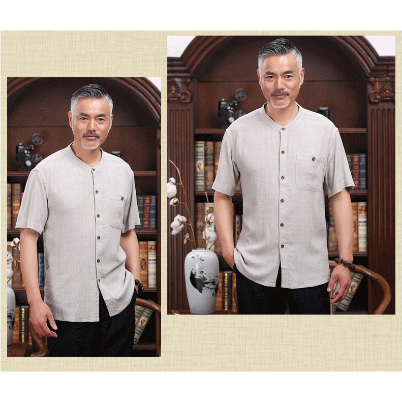 Áo sơ mi nam ngắn tay trung niên form rộng rãi phù hợp người lớn tuổi loại áo sơ mi ngắn tay vải đũi siêu mát OG55