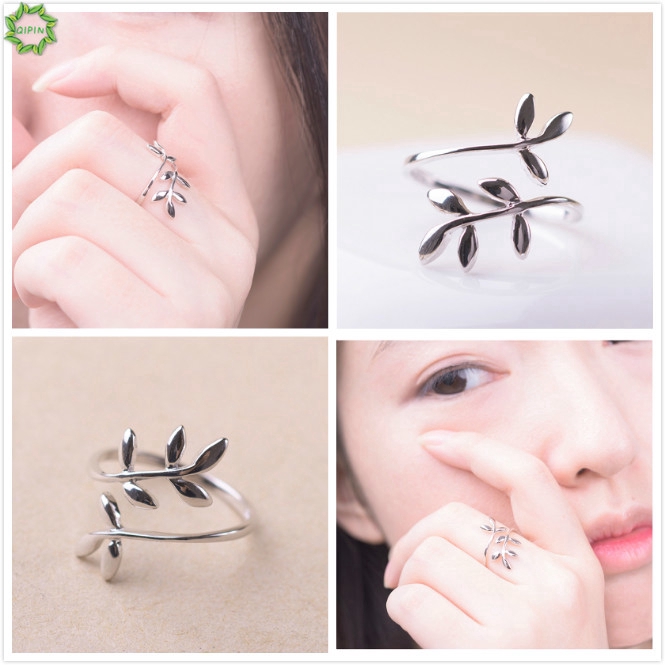 Nhẫn kim loại dáng hở thiết kế mặt hình lá tinh tế đơn giản nữ tính