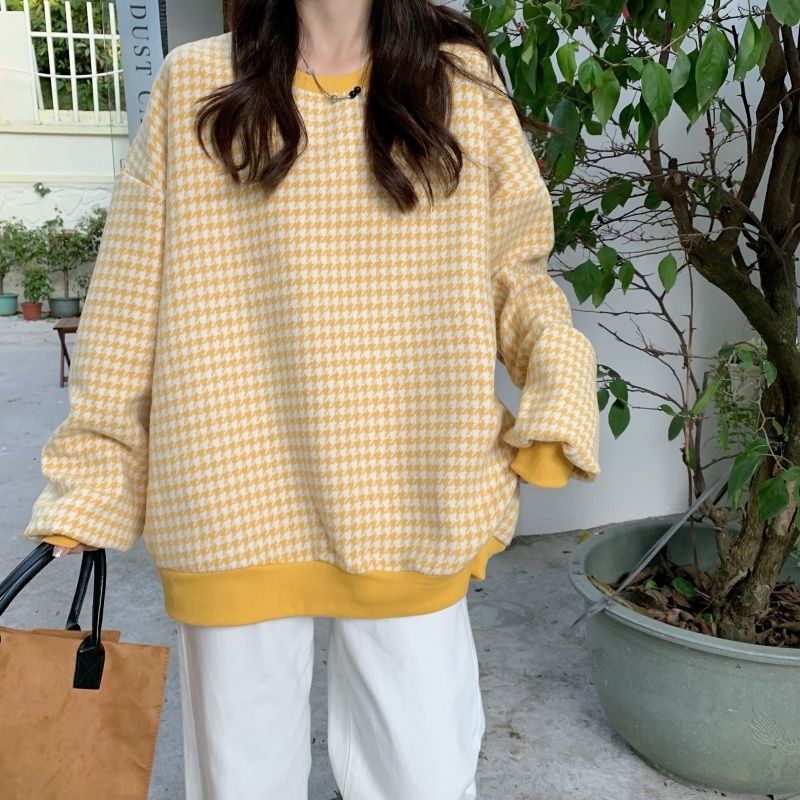 ZHELIHANGFEI Áo Thun Tay Dài Form Rộng Họa Tiết Houndstooth