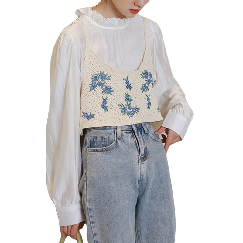Áo Croptop Dệt Kim Không Tay Thêu Hoa Xinh Xắn Thời Trang Đi Biển Cho Bạn Gái