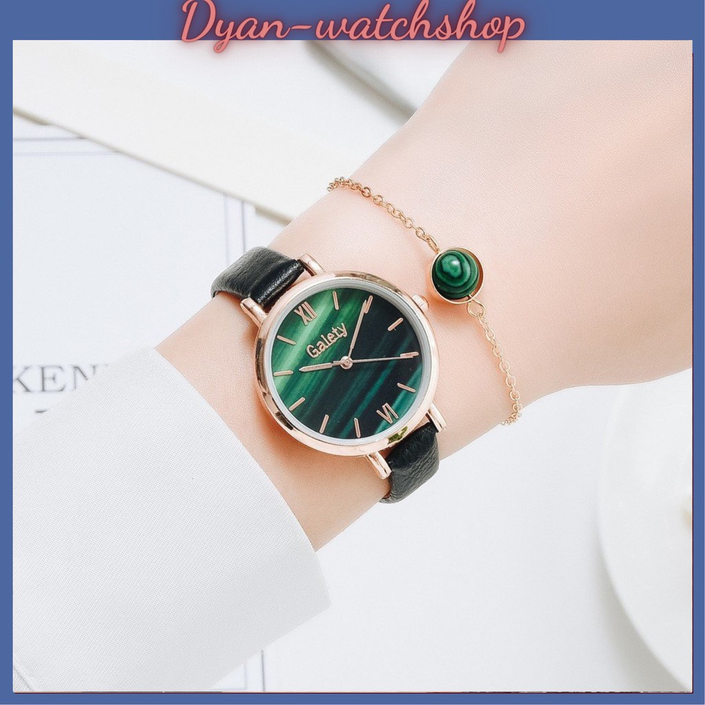 Đồng hồ đeo tay nữ Galety phong cách cổ điển dây da thời trang dây da mặt tròn tặng kèm vòng tay