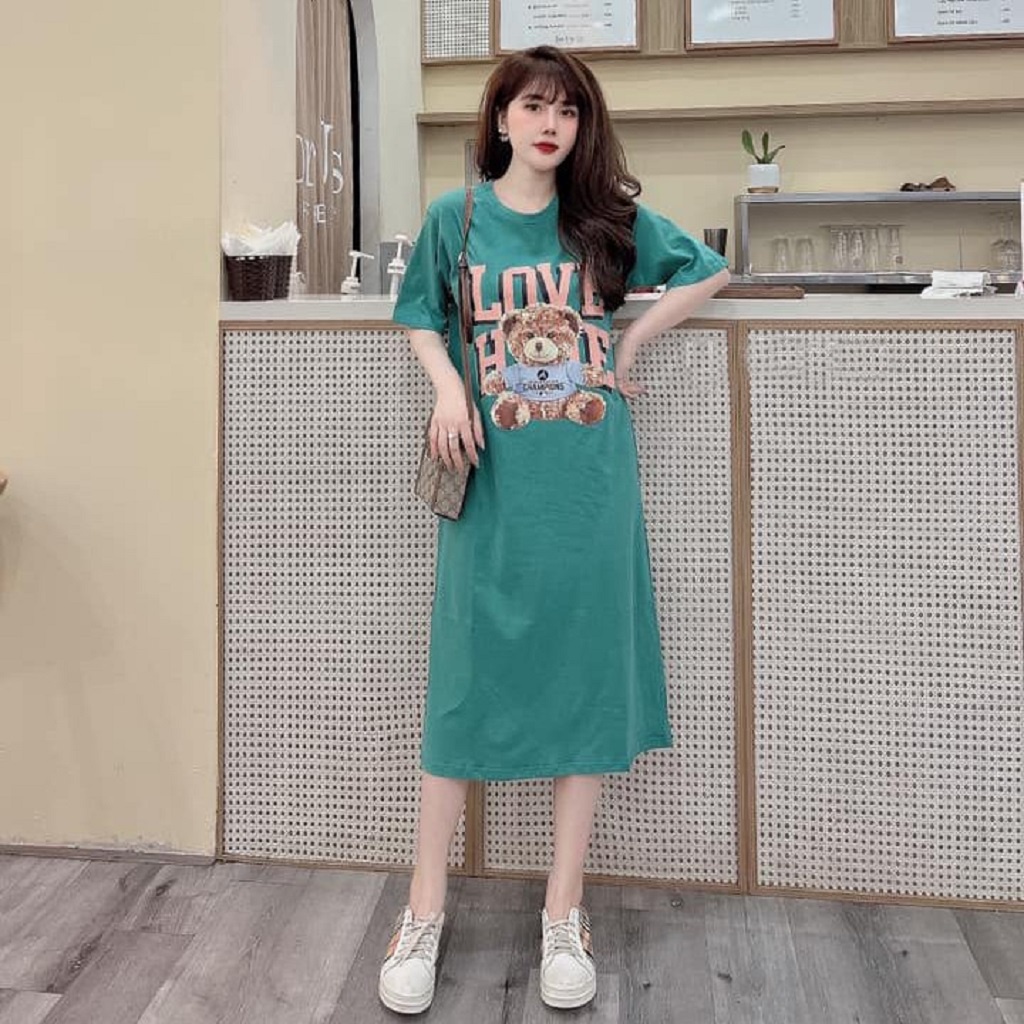 Đầm suông dài , váy suông bầu chất cotton Gemmy House in hình Love bear