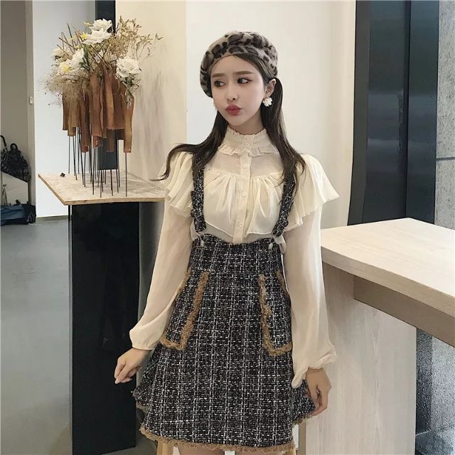 Set áo voan + váy yếm 2 dây Ulzzang bánh bèo siêu xinh