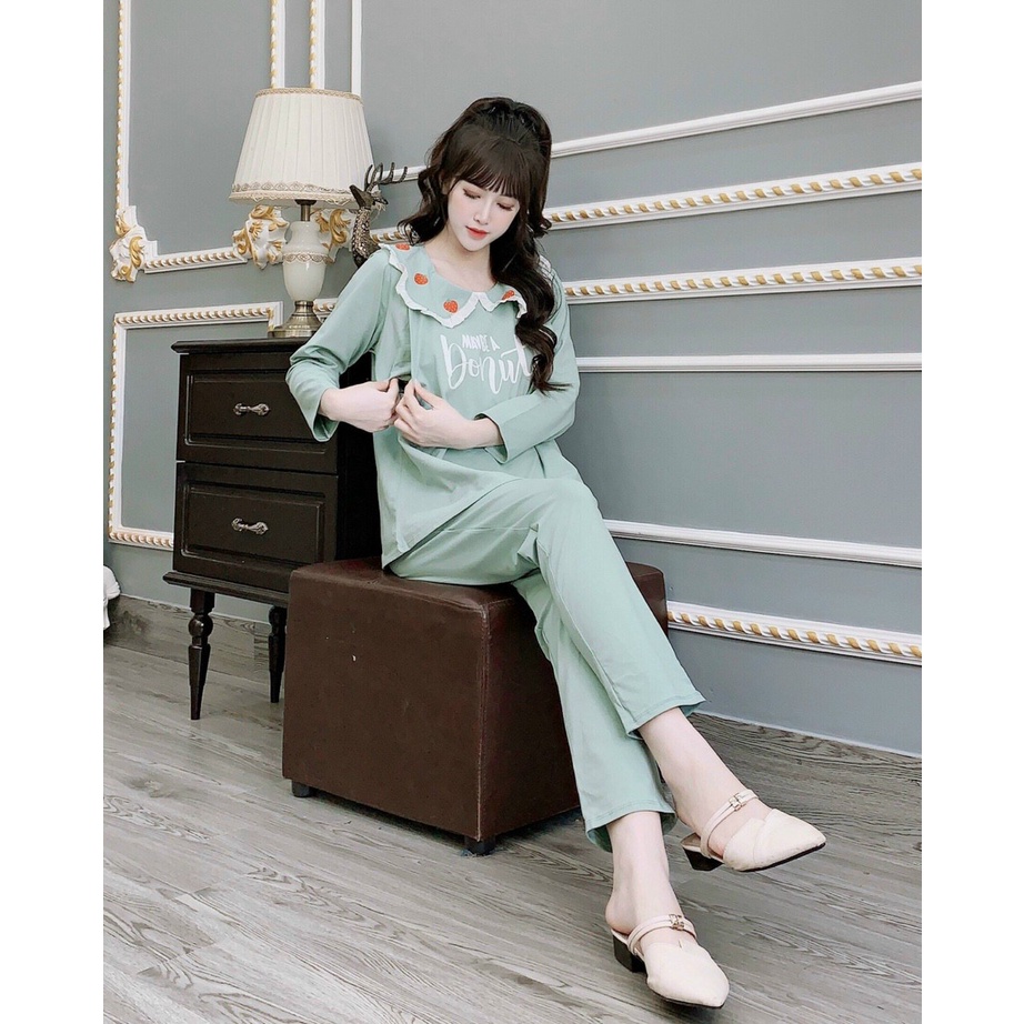 (Siêu đẹp) Bộ đồ bầu mặc trước vào sau sinh, Bộ bầu cổ bèo  DONUT, chất cotton thoáng mát, form rộng, tiện lợi