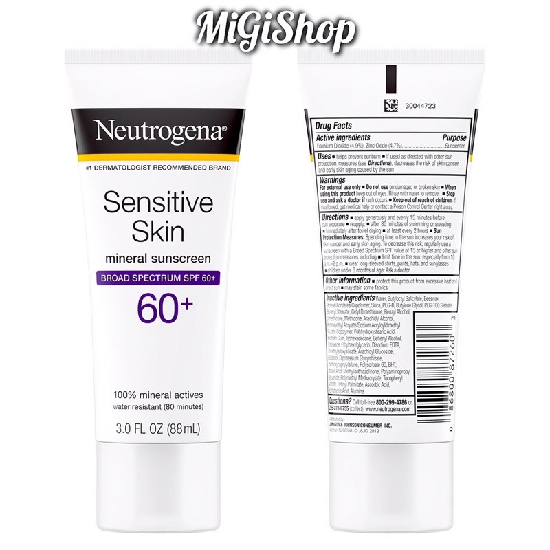 [Hàng Mỹ] Kem Chống Nắng Cho Da Nhạy Cảm Neutrogena Sensitive Skin Mineral Sunscreen SPF60+ 88ml