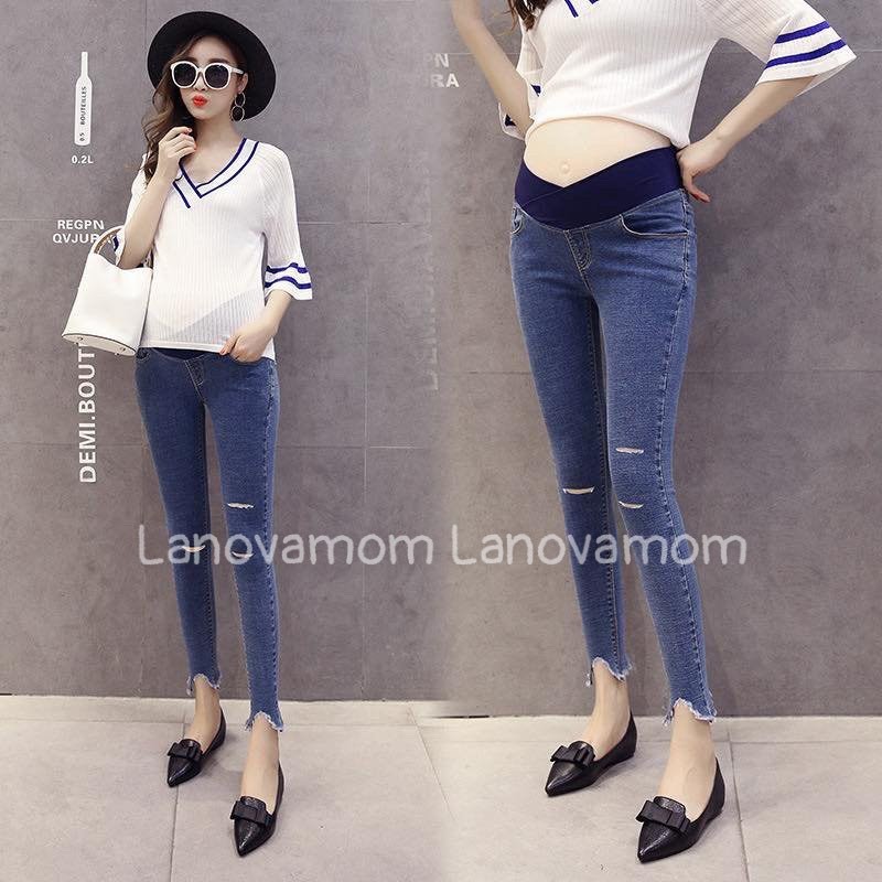 Quần bầu jean thật cạp chéo rách gối siêu xinh co dãn tốt (kèm ảnh thật)