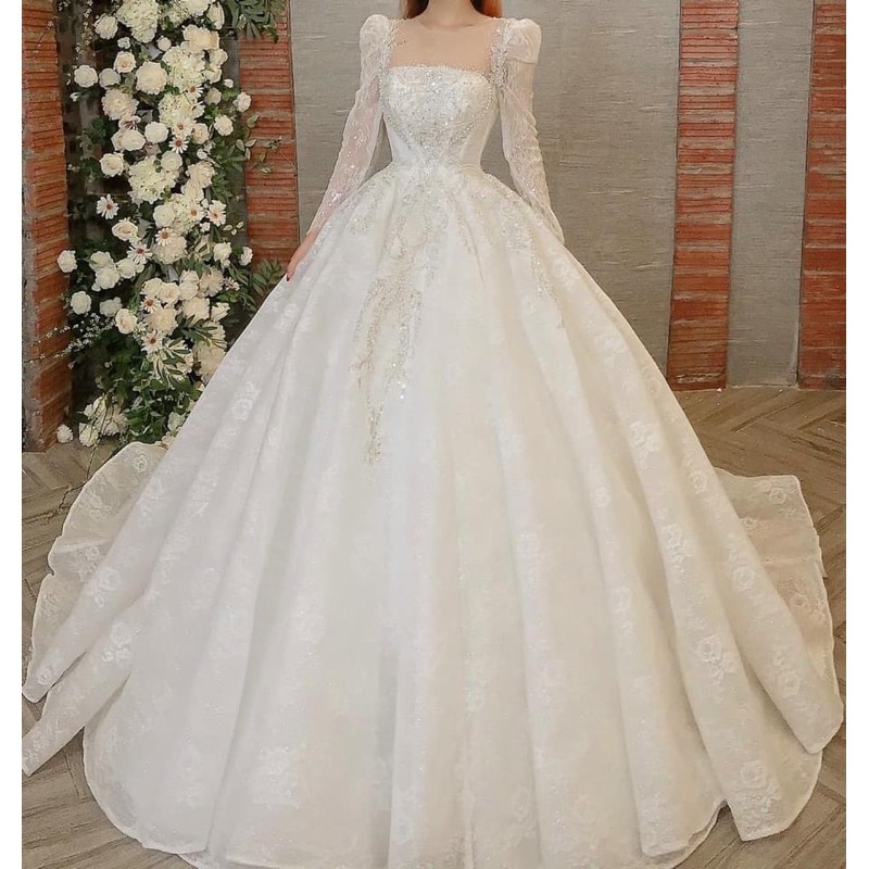 áo cưới trắng kim tuyến tay dài tùng xoè lớn cao cấp size M từ 55 trở lại