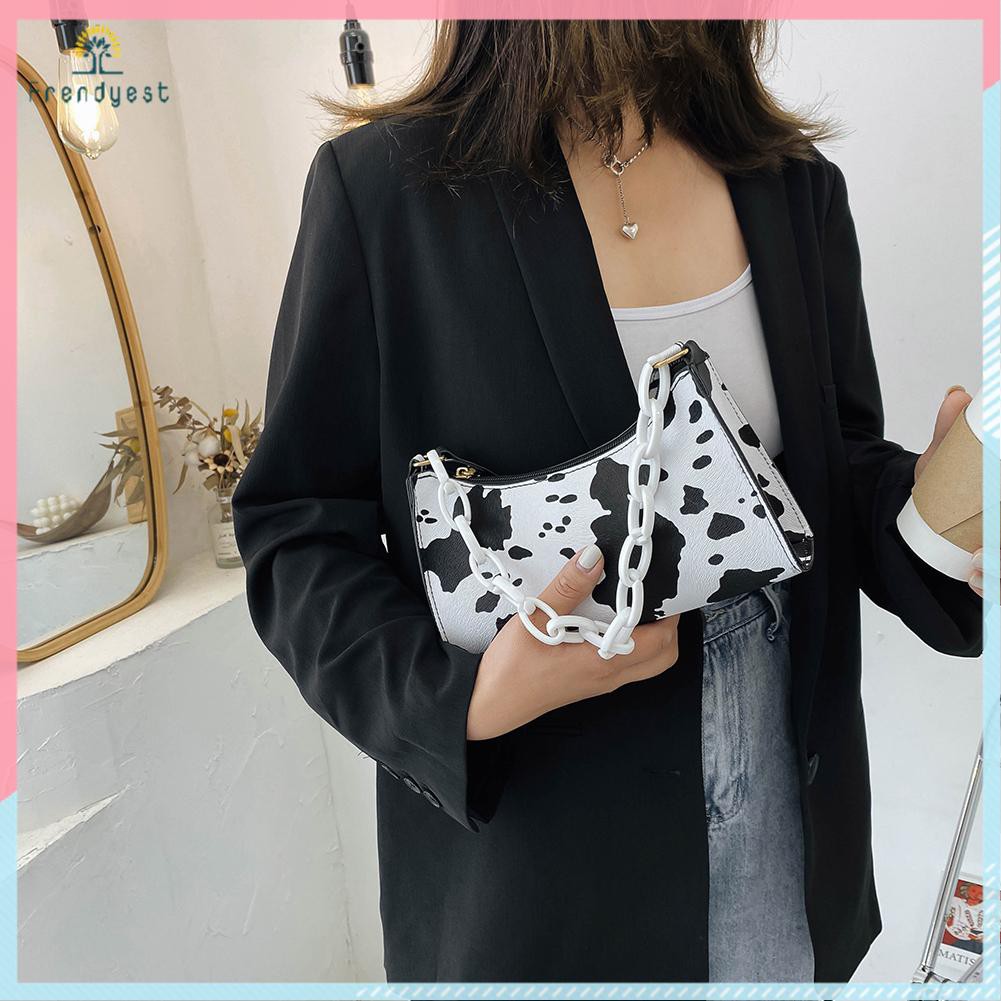 Túi đeo vai da PU dây đeo acrylic họa tiết da bò sữa thời trang đường phố cho nữ | BigBuy360 - bigbuy360.vn