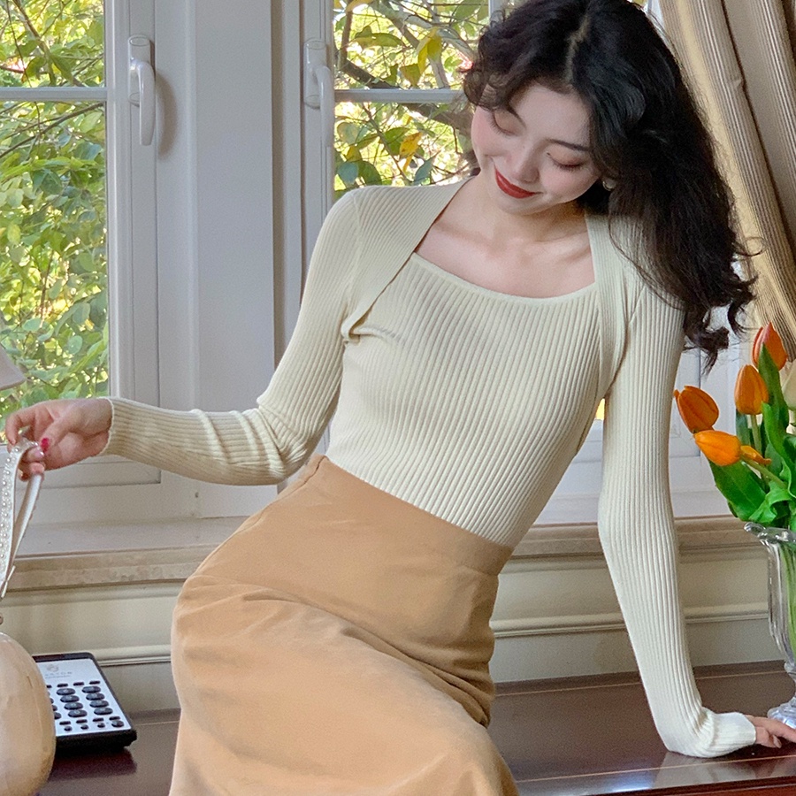 SUXI Áo Sweater Dệt Kim Cổ Vuông Màu Sắc Cổ Điển Thời Trang Mùa Thu Cho Nữ
