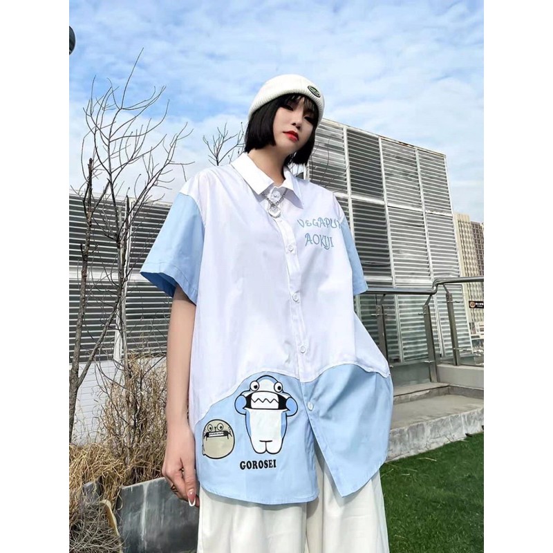 Áo sơ mi hình chú gấu xanh oversize phong cách dễ thương