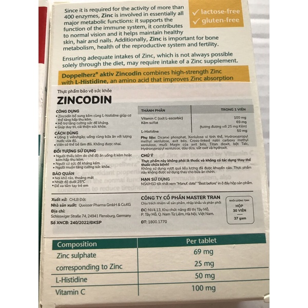 Zincodin (vitamin C, zinc, kẽm ,bổ sung kẽm cùng L histidine giúp cơ thể tăng hấp thu kẽm, tăng sức đề kháng,doppel herz