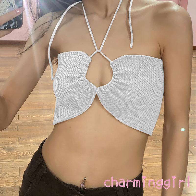 QAQ-Women’s Sexy Halter Tie-up Knitted Vest Solid Color Hollow Exposed Navel Tops