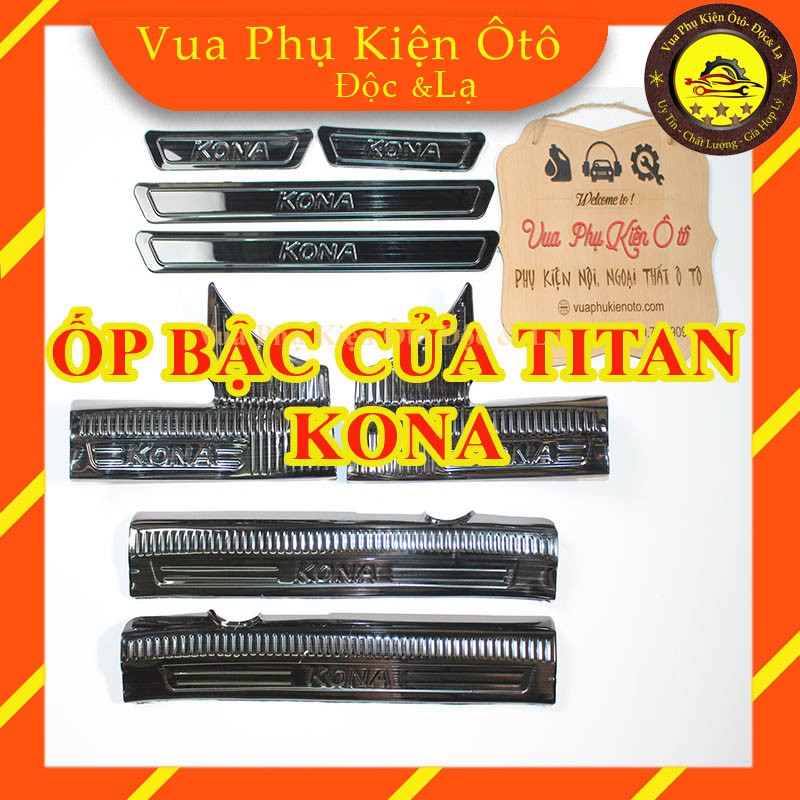 Ốp bậc cửa titan cao cấp Huyndai Kona -Bộ 8 miếng trong ngoài  + tặng 2 cuộn 3M 2,5 cm*3 mét