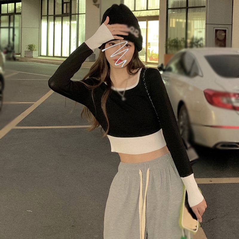 Áo Croptop Dệt Kim Tay Dài Cổ Thuyền Màu Sắc Quyến Rũ Thời Trang Cho Nữ
