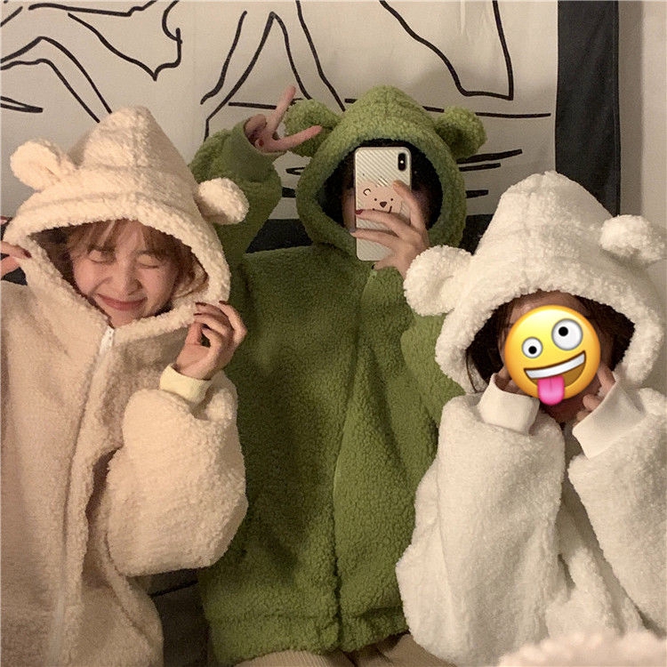 Áo khoác giả lông cừu tay dài khóa kéo có mũ tai gấu dễ thương phong cách harajuku cho nữ | BigBuy360 - bigbuy360.vn