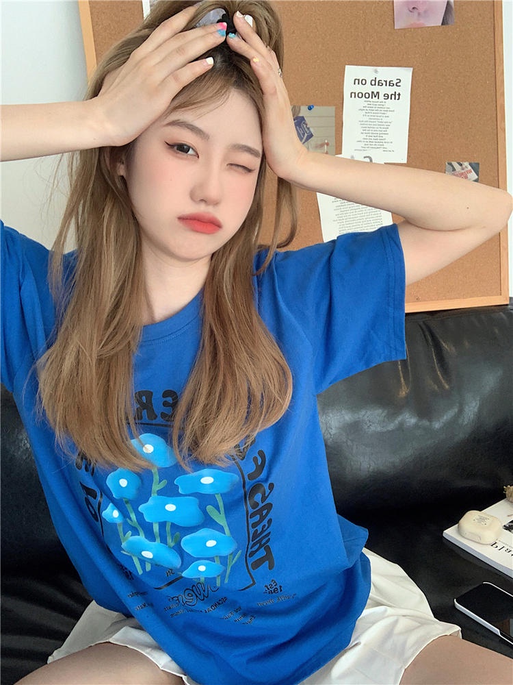 Áo Thun Tay Ngắn Cổ Tròn In Chữ Và Hoa Form Rộng Phong Cách Retro 50012